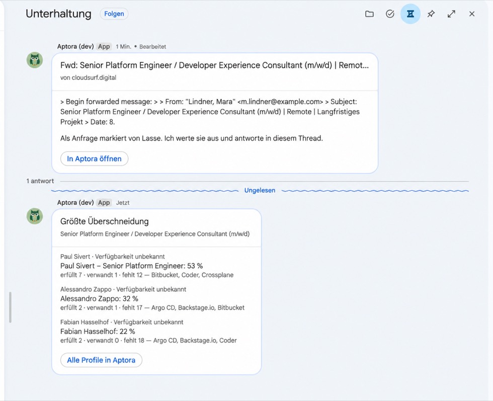 Google Chat mit eingegangener Projektanfrage und Aptoras Abgleich mit den Teamprofilen.